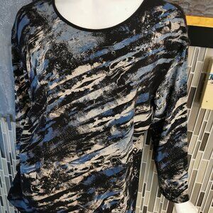 Jess & Jane Shirt Womens Large Blue Script Art Tunic Top 3/4 Sleeve Crew 0366  C